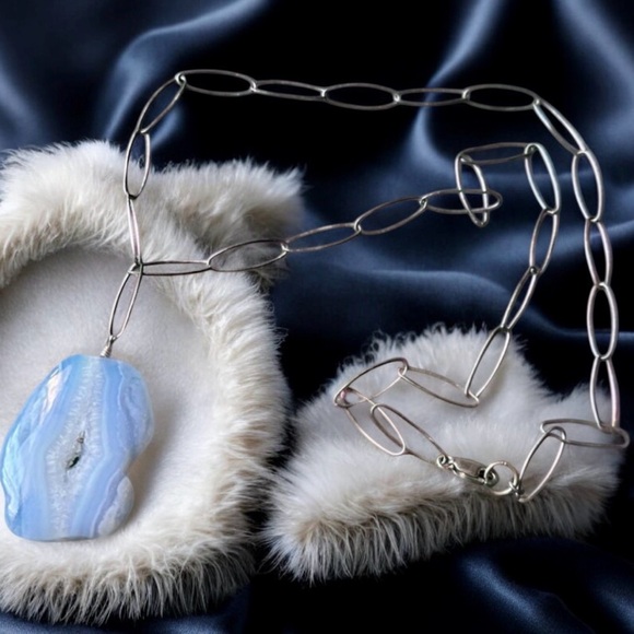 Blue Lace Agate Paperclip 📎 925 Silver necklace